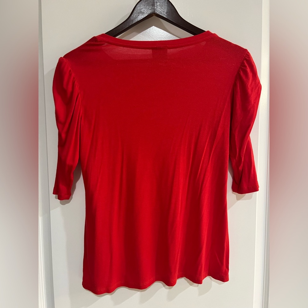 Bobeau Red Ruched Puff Sleeve Crew Neck Stretch Knit Tee Blouse Top Women Size S - Picture 2 of 5